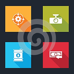 Set Outsourcing concept, Car DVR, Barrel oil and Cash back icon. Vector