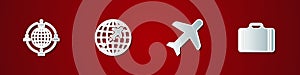 Set Outsourcing concept, Globe with flying plane, Plane and Suitcase for travel icon. Vector