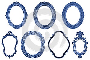 Set of oval Decorative vintage blue wooden frames isolated on white