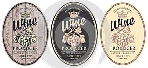 Set of oval wine labels with grapes and crown