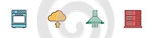 Set Oven, Cloud upload, Kitchen extractor fan and Server, Data, Web Hosting icon. Vector