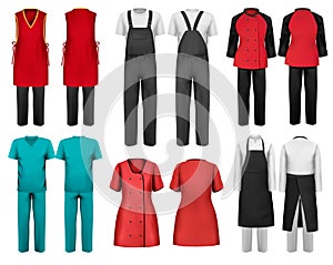 Set of overalls with worker and medical clothes