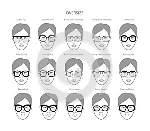 Set of Oversize frame glasses on women face character fashion accessory illustration. Sunglass front view unisex