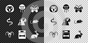Set Owl bird, Jellyfish, Butterfly, Head of goat or ram, Dog bone, Rabbit, Snake and Macaw parrot icon. Vector