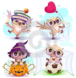 Set owl bird vector cartoon illustration holiday time
