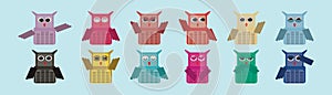 Set of owl cartoon icon design template with various models. vector illustration isolated on blue background