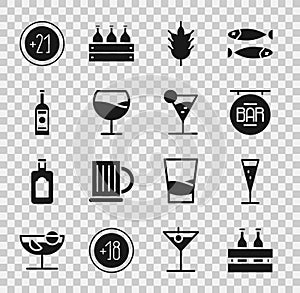 Set Pack of beer bottles, Glass champagne, Street signboard with Bar, Hop, Wine glass, vodka, Alcohol 21 plus and