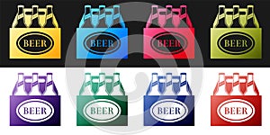 Set Pack of beer bottles icon isolated on black and white background. Case crate beer box sign. Vector