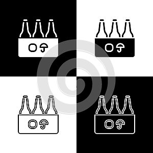 Set Pack of beer bottles icon isolated on black and white background. Case crate beer box sign. Vector