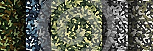 Set of 5 pack Camouflage seamless patterns. Abstract modern military textile print background. Vector illustration