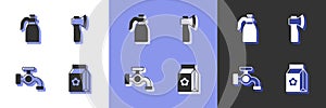 Set Pack full of seeds, Garden sprayer for water, Water tap and Wooden axe icon. Vector