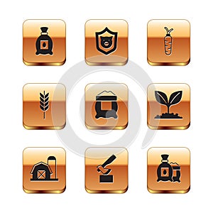 Set Pack full of seeds of plant, Farm house, Wooden axe, Bag flour, Wheat, Carrot, and Shield with pig icon. Vector