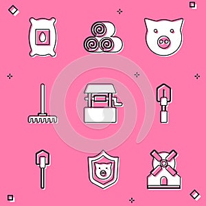 Set Pack full of seeds of plant, Roll hay, Pig, Garden rake, Well, Shovel, and Shield with pig icon. Vector