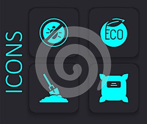 Set Pack full of seeds, Stop colorado beetle, Eco healthy food and Shovel in the ground icon. Black square button