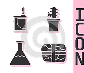 Set Package with cocaine, Electronic cigarette, Test tube and flask and Cactus peyote in pot icon. Vector