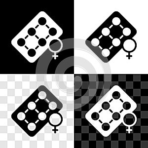 Set Packaging of birth control pills icon isolated on black and white, transparent background. Contraceptive pill