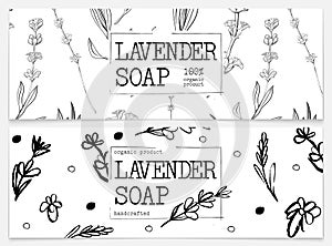 Set packaging of natural soap with lavender. Organic cosmetic natural soap. Vector hand drawn illustration. Black and