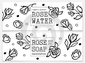 Set for packaging rose water and rose soap. Organic cosmetic natural soap, rose water. Aromatherapy. Vector hand drawn