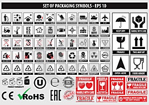 Set of packaging symbols, FCC,ROHS,tableware, plastic, fragile symbols, cardboard symbols photo