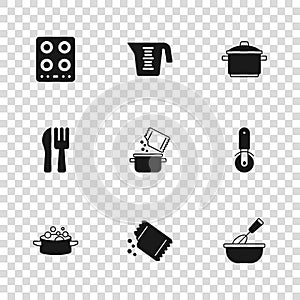 Set Packet of pepper, Pizza knife, Cooking whisk with bowl, pot and spice, Gas stove, Measuring cup and Crossed fork