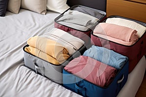 a set of packing cubes filled with clothes on a bed