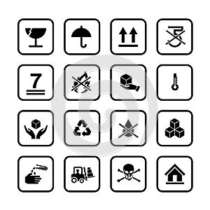 Set of packing symbols icon for box on white background
