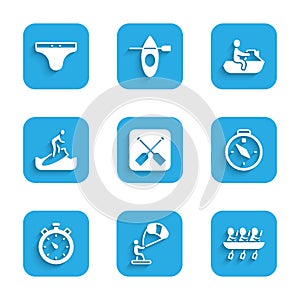 Set Paddle, Kitesurfing, Canoe rowing team sports, Compass, Stopwatch, Surfboard, Jet ski and Swimming trunks icon