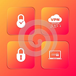 Set Padlock with clock, Cloud VPN interface, Lock and Laptop password icon. Vector