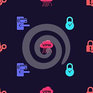 Set Padlock with clock, Digital door wireless, Cloud VPN interface and Lock and key on seamless pattern. Vector