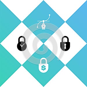 Set Padlock with clock, Money, Bezier curve and Lock icon. Vector