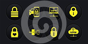 Set Padlock with heart, Castle in the shape of, Digital door wireless, Lock, VPN Computer network and Smart car security