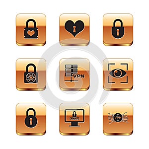 Set Padlock with heart, Lock, Monitor password, Server VPN, Safe combination wheel and icon. Vector