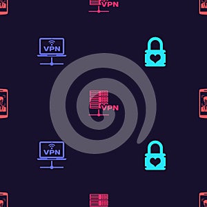 Set Padlock with heart, VPN Computer network, Server and Mobile and face recognition on seamless pattern. Vector
