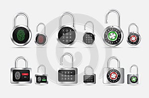 Set padlock round and square, closed and open with different types of protection