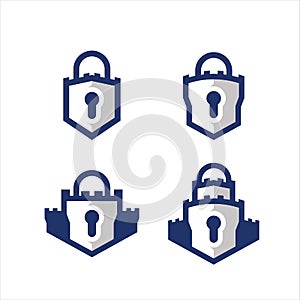 Set Padlock in shield and castle shape logo icon symbol of safety guard secure and protection