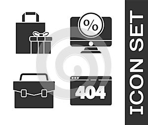 Set Page with a 404 error, Gift box, Briefcase and Percent discount and monitor icon. Vector