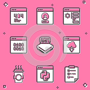 Set Page with a 404 error, Create account screen, Browser setting, Binary code, Processor, Cloud technology data