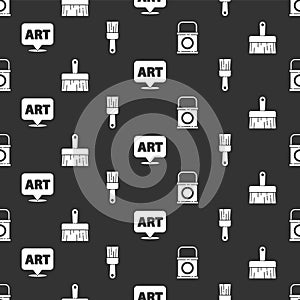 Set Paint bucket, Paint brush, Speech bubble with text art and Paint brush on seamless pattern. Vector