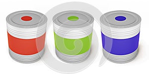 Set of paint cans different color. 3d.