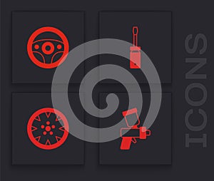 Set Paint spray gun, Steering wheel, Screwdriver and Alloy icon. Vector