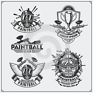 Set of paintball club labels, emblems, symbols, icons and design elements.