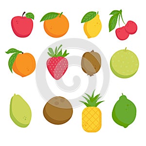 A set of painted fruits. Apple orange lime lemon cherry peach strawberry kiwi melon papaya coconut pineapple