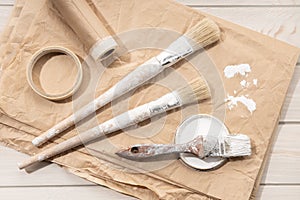 Set of painting tools brushes, masking tape, paper. DIY Home Improvement Paint