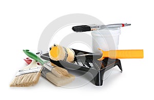 Set with painting tools on white background