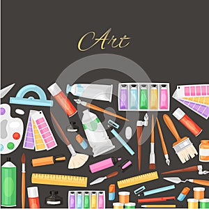 Set paints, brushes, art objects black background, exciting hobby for creating artwork, design, cartoon style vector