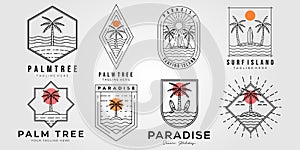 set of palm tree and paradise logo vector illustration design. bundle of tropical beach line art symbol