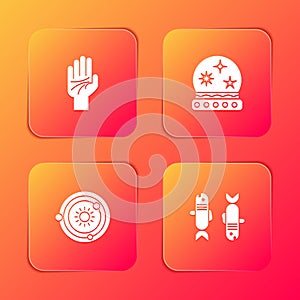 Set Palmistry of the hand, Magic ball, Solar system and Pisces zodiac icon. Vector
