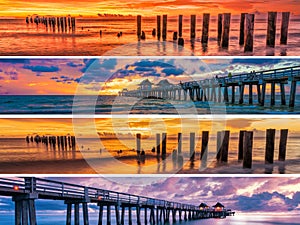 Set of panoramic pictures of the Naples pier at sunset in Florida, USA