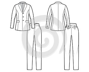 Set of pant Suit - classic women jacket technical fashion illustration with two - pieces, single breasted, fitted body