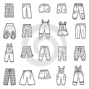 Set of pants, black and white collection of cartoon trousers and overalls